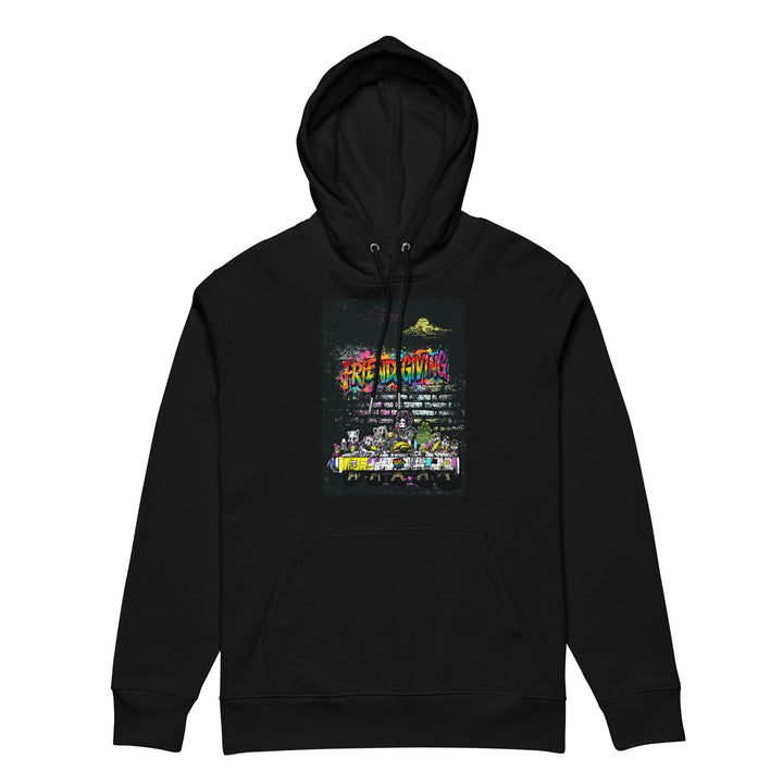 Friendsgiving Wall Feast hoodie — black, front — Pride Riot