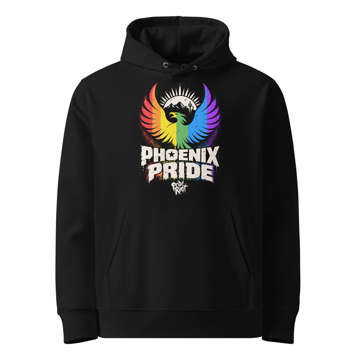 PHX Pride hoodie in black, front — rainbow phoenix rising, Pride Riot®