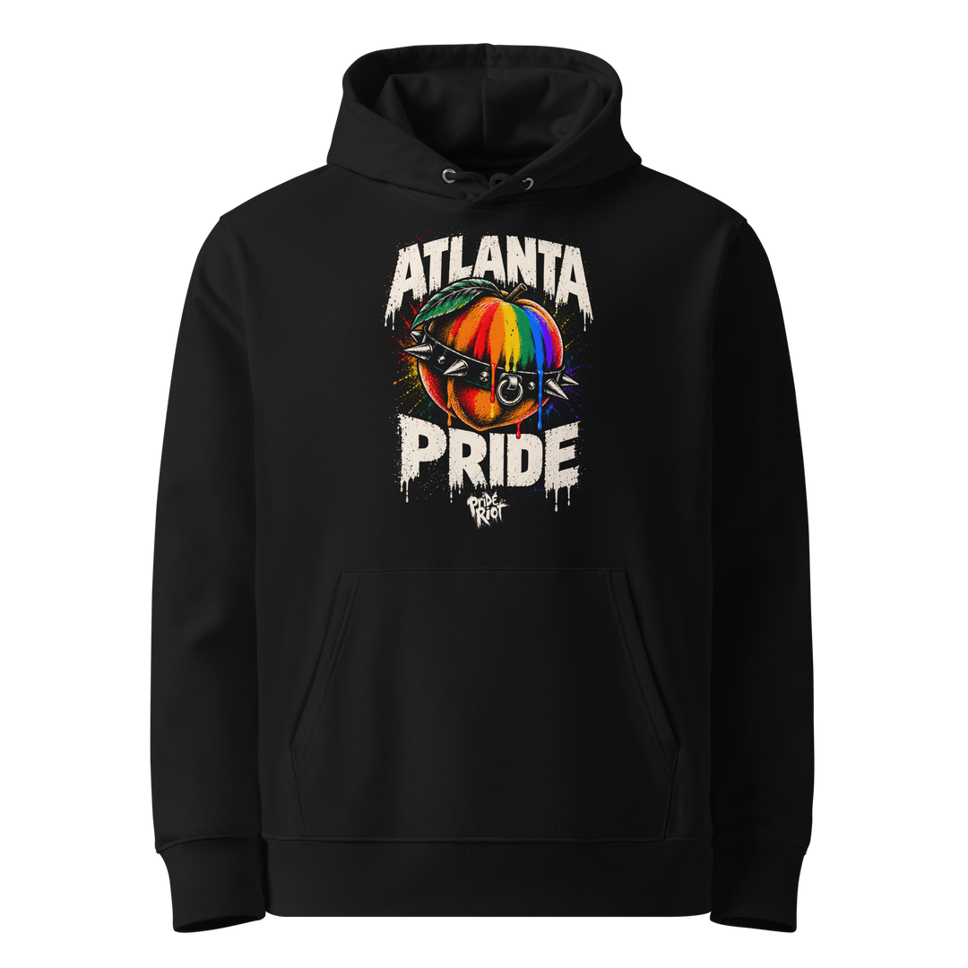 Atlanta Pride hoodie in black, front — rainbow peach in a spiked collar, Pride Riot®