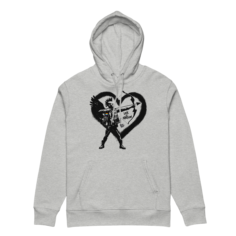 Cupid Love is Rebellion hoodie in Heather Grey, front