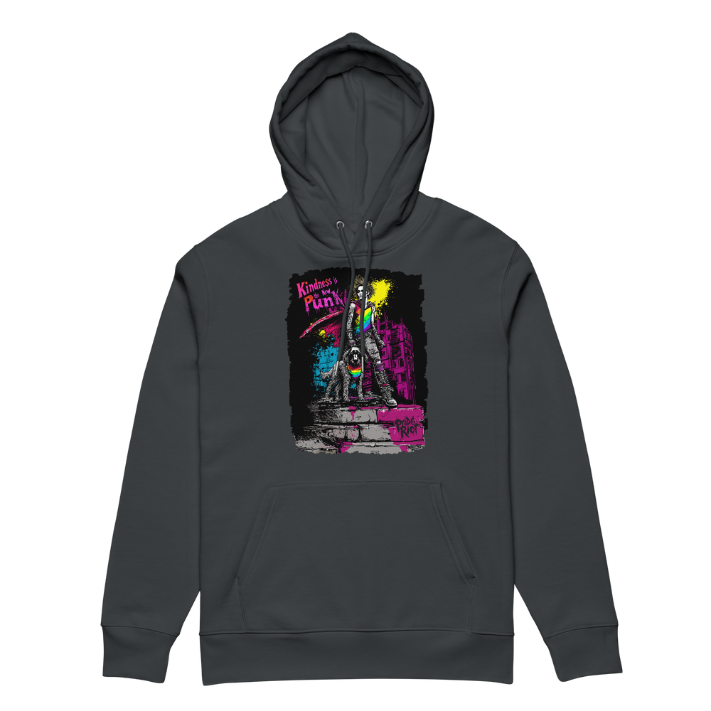 Kindness Is the New Punk hoodie in India Ink Grey, front