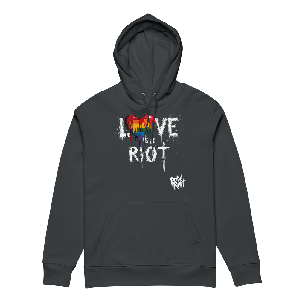 Bleeding Hearts Love is a Riot (Dark) hoodie in India Ink Grey, front