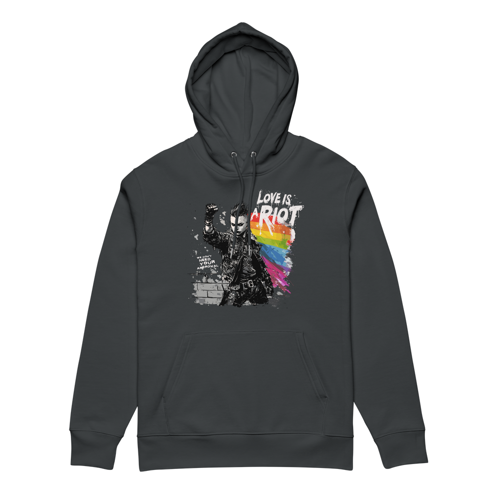 Love is a Riot (Dark) hoodie in India Ink Grey, front