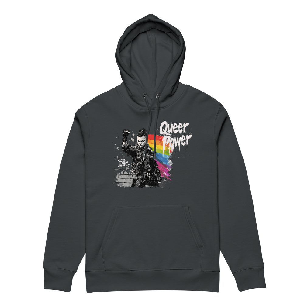 Queer Power hoodie in India Ink Grey, front