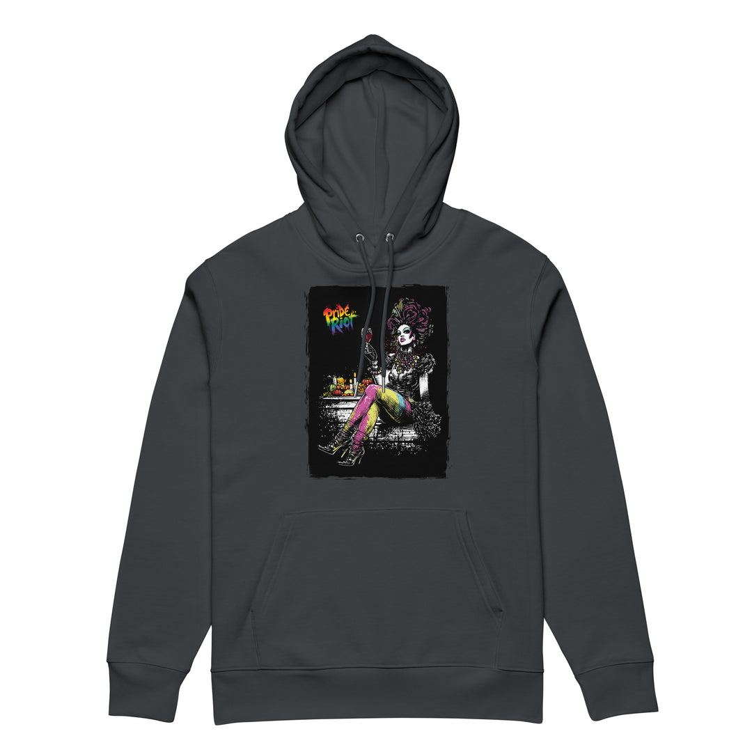 Friendsgiving Queen hoodie — india ink grey, front — Pride Riot