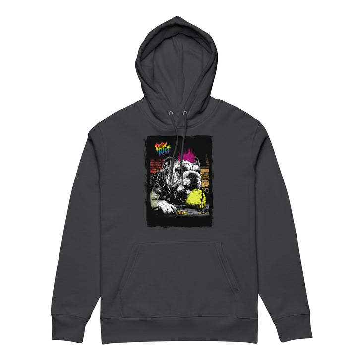 Friendsgiving Bulldog hoodie — india ink grey, front — Pride Riot
