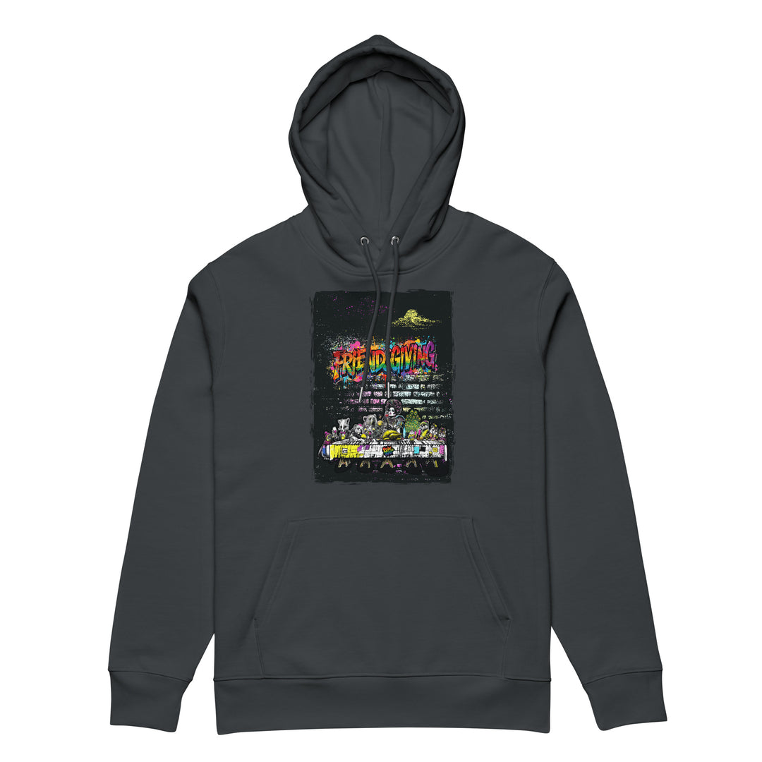 Friendsgiving Wall Feast hoodie — india ink grey, front — Pride Riot