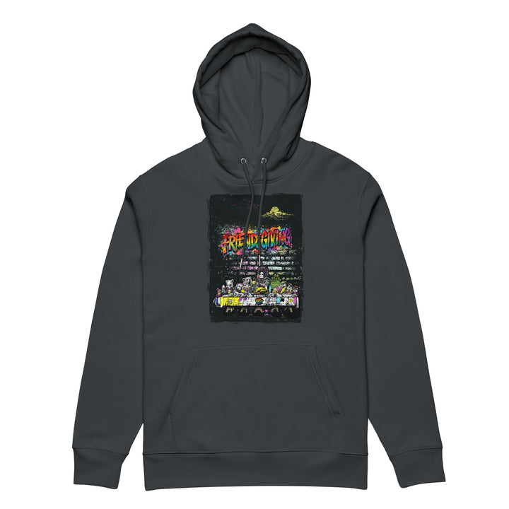 Friendsgiving Wall Feast hoodie — india ink grey, front — Pride Riot
