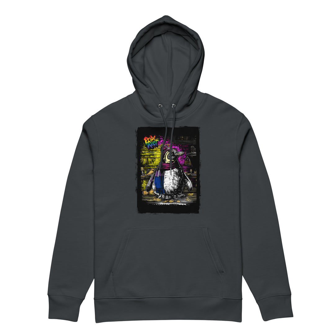 Friendsgiving Penguin hoodie — india ink grey, front — Pride Riot