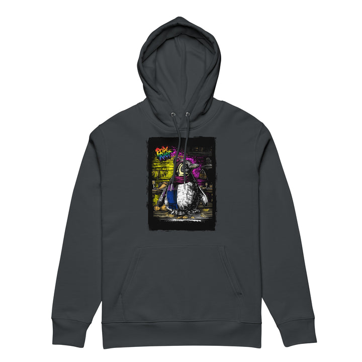Friendsgiving Penguin hoodie — india ink grey, front — Pride Riot