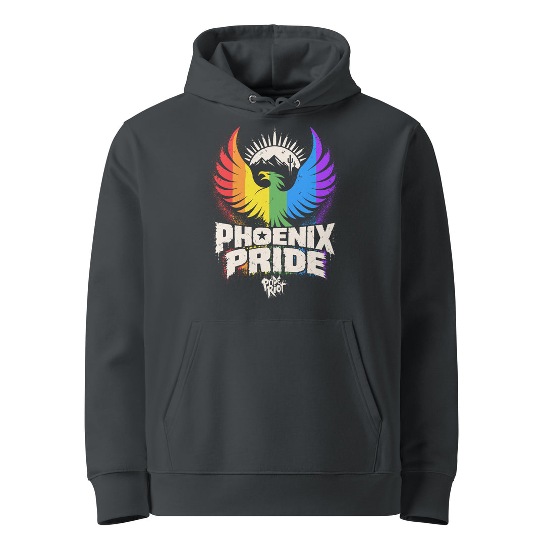 PHX Pride hoodie in india ink grey, front — rainbow phoenix rising, Pride Riot®