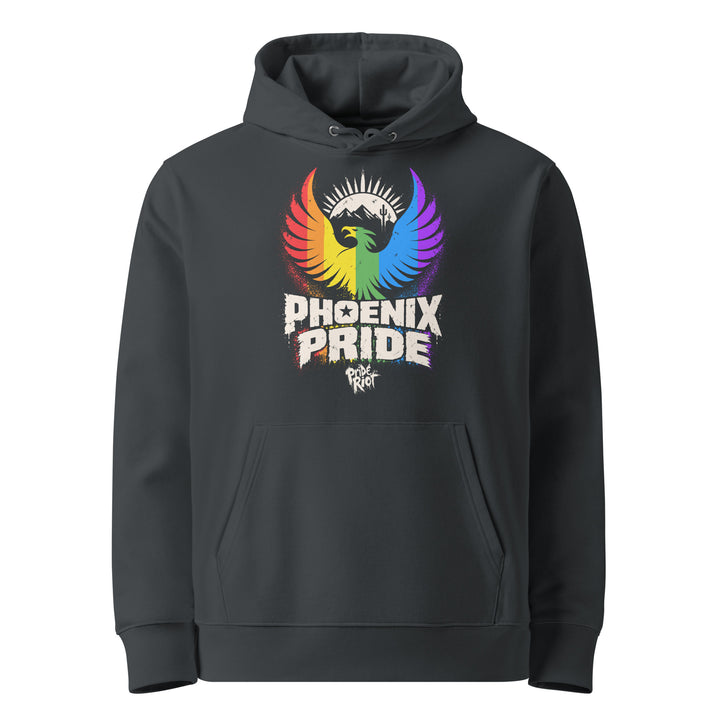 PHX Pride hoodie in india ink grey, front — rainbow phoenix rising, Pride Riot®