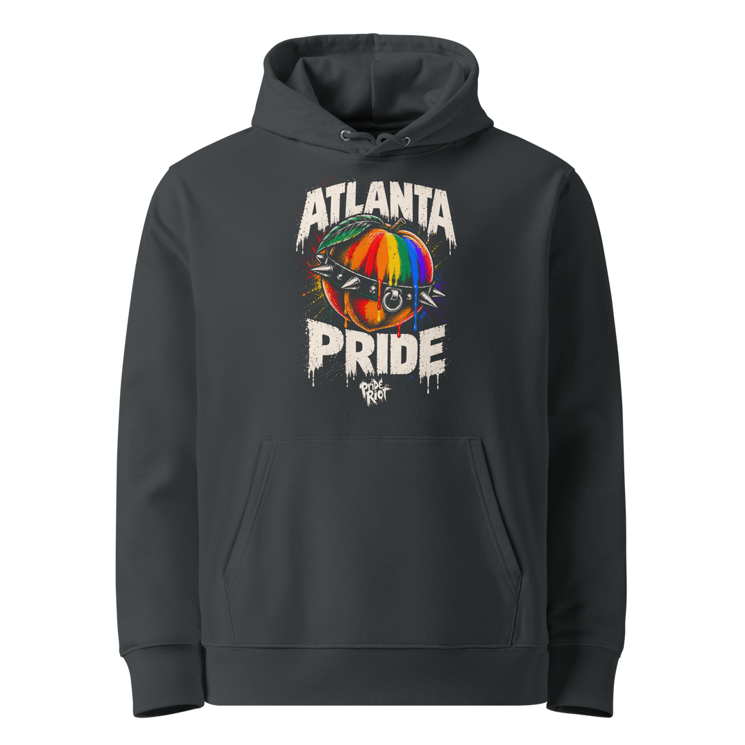 Atlanta Pride hoodie in india ink grey, front — rainbow peach in a spiked collar, Pride Riot®