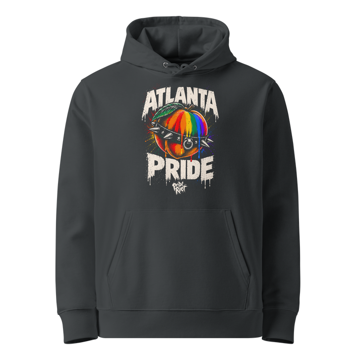 Atlanta Pride hoodie in india ink grey, front — rainbow peach in a spiked collar, Pride Riot®