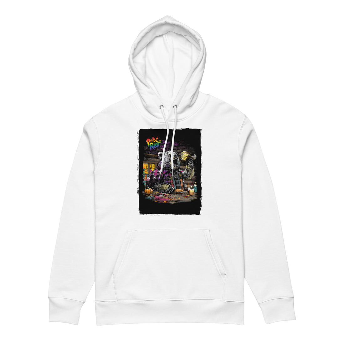 Friendsgiving Bear hoodie — white, front — Pride Riot