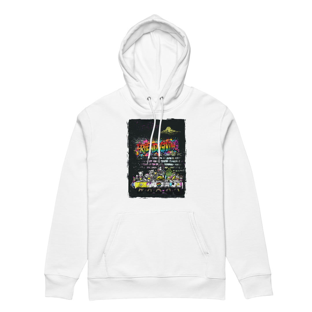 Friendsgiving Wall Feast hoodie — white, front — Pride Riot