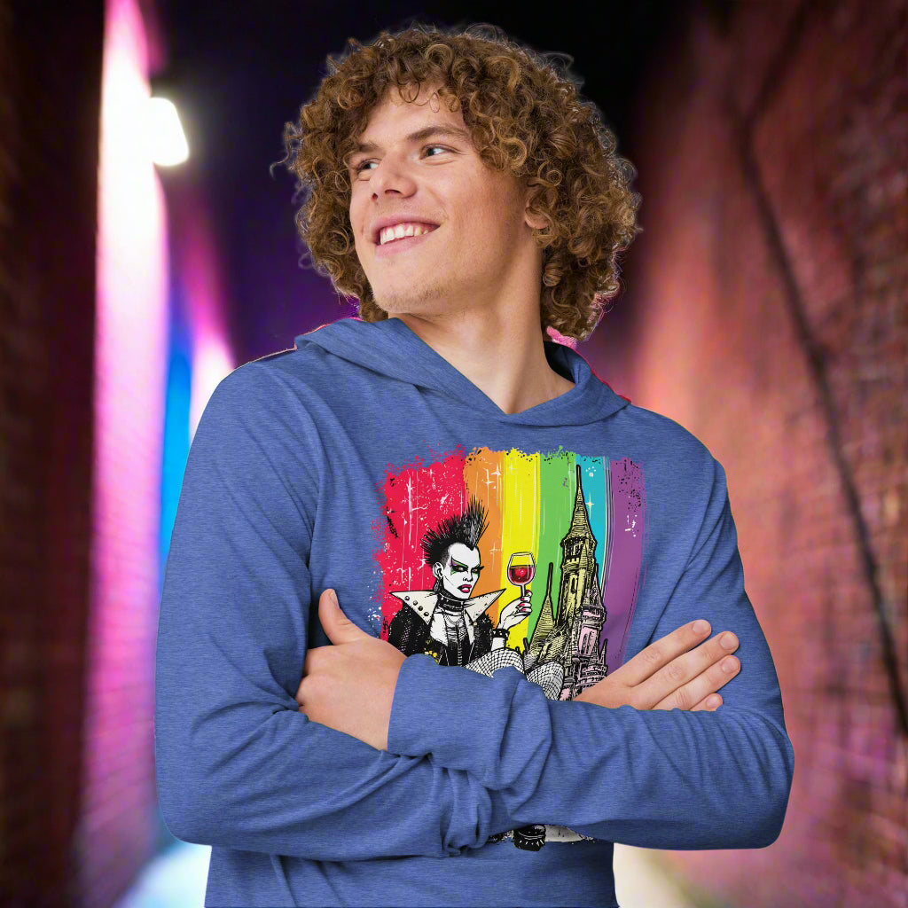 Person wearing a blue hoodie with a colorful graphic design