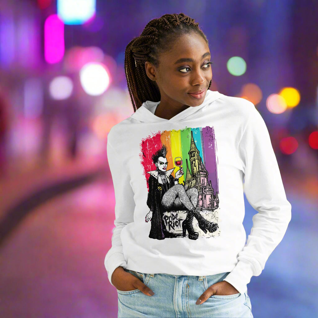 Person wearing a white hoodie with a colorful graphic design.