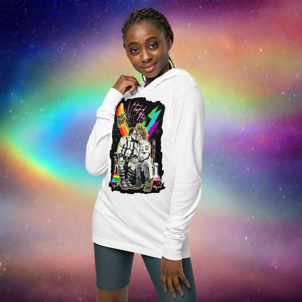 Person wearing a white hoodie with a colorful graphic design