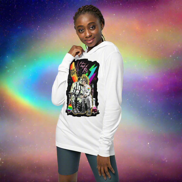 Person wearing a white hoodie with a colorful graphic design