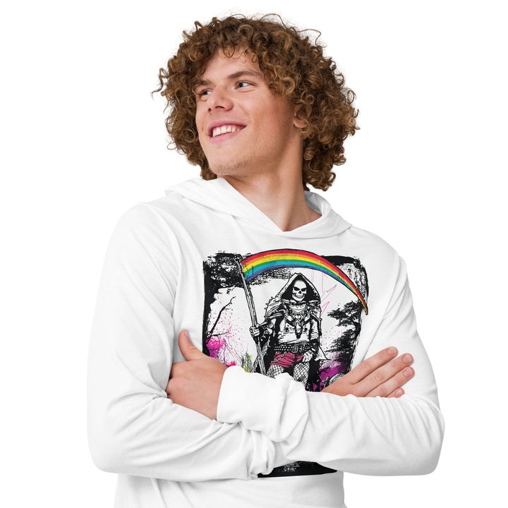 Person wearing a white hoodie with a graphic design of a skeleton holding a rainbow, on a white background.