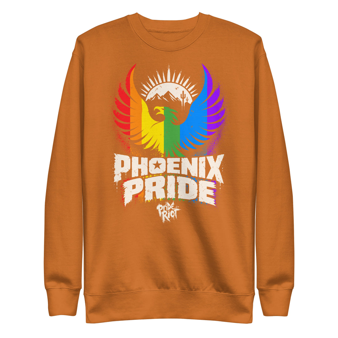 PHX Pride sweatshirt in adobe, front — PHX Pride season color, rainbow phoenix rising, Pride Riot®