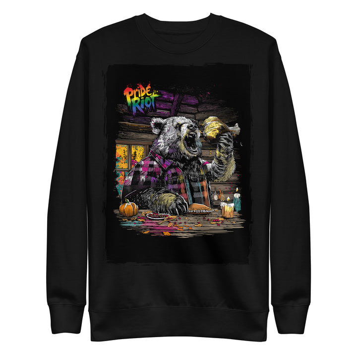 Friendsgiving Bear sweatshirt — black, front — Pride Riot