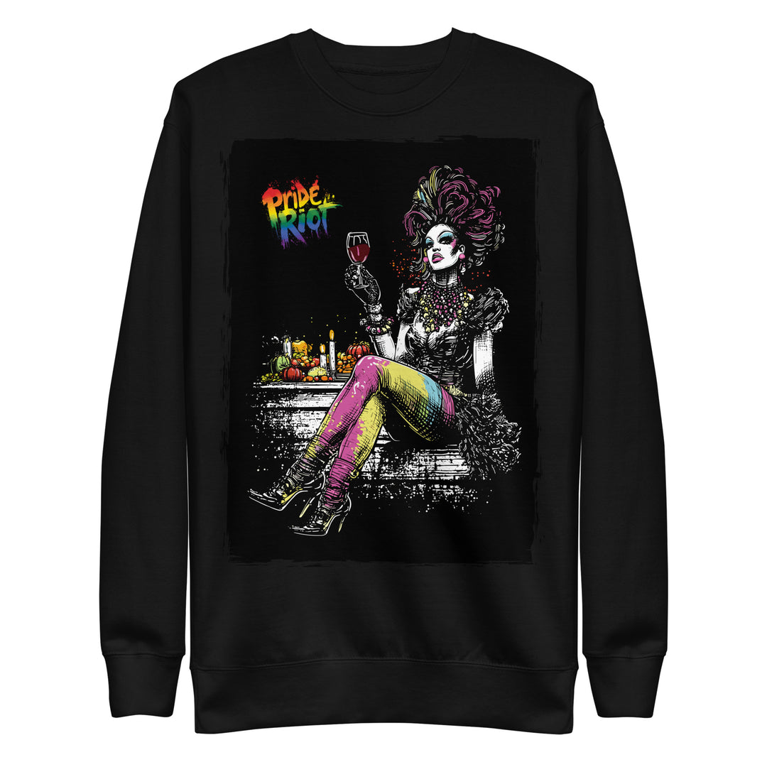 Friendsgiving Queen sweatshirt — black, front — Pride Riot