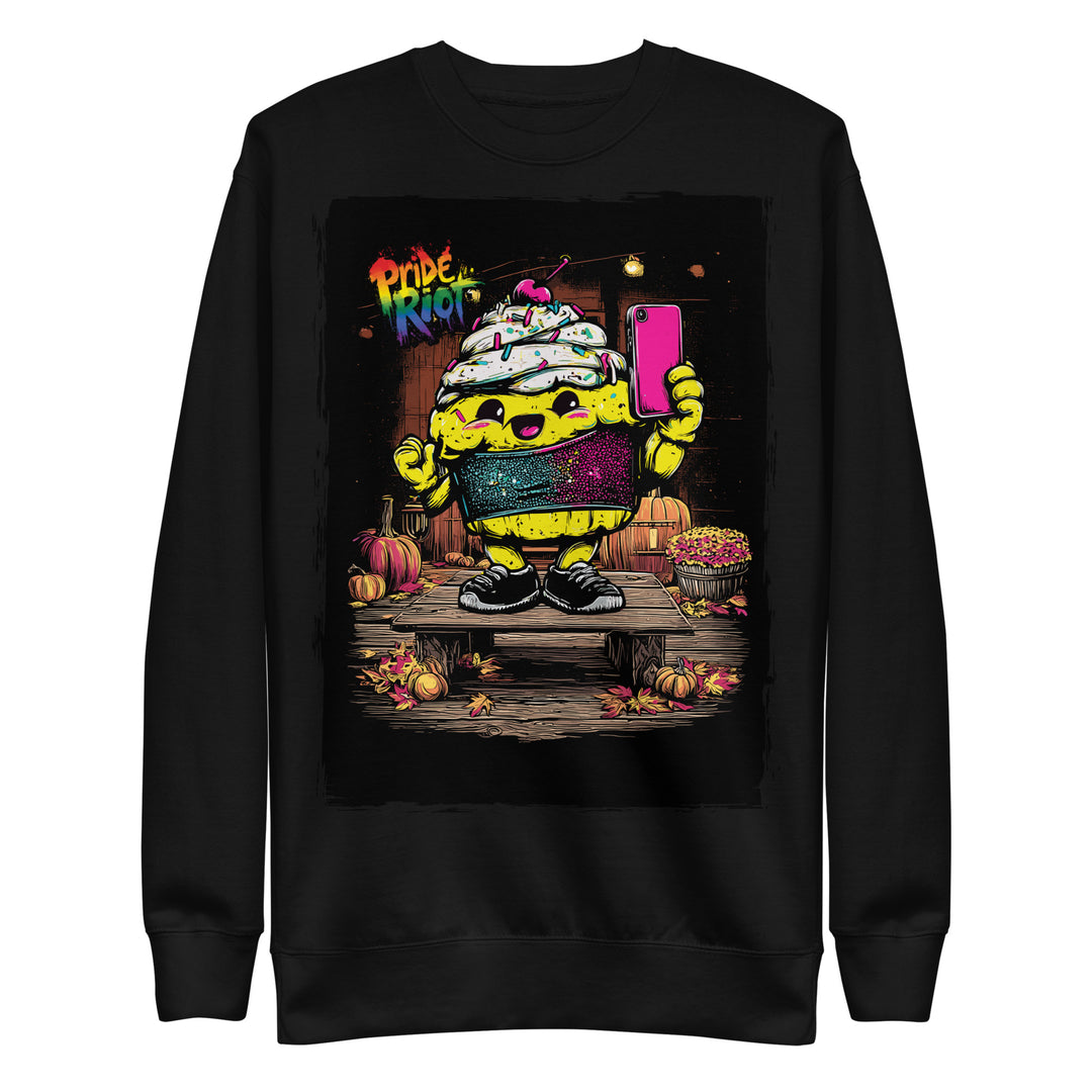 Friendsgiving Tinky Cake sweatshirt — black, front — Pride Riot