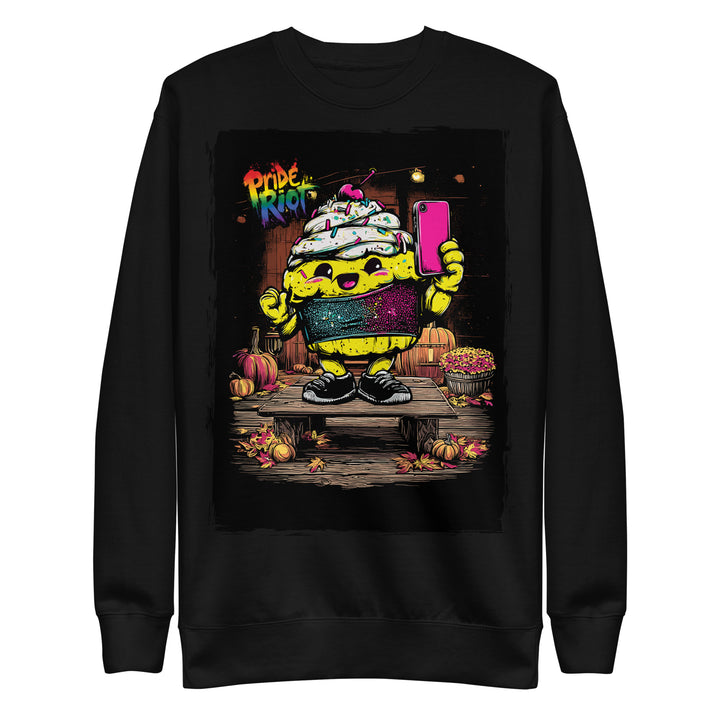Friendsgiving Tinky Cake sweatshirt — black, front — Pride Riot