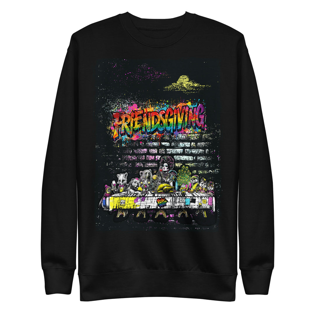 Friendsgiving Wall Feast sweatshirt — black, front — Pride Riot