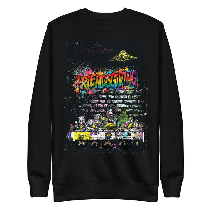 Friendsgiving Wall Feast sweatshirt — black, front — Pride Riot