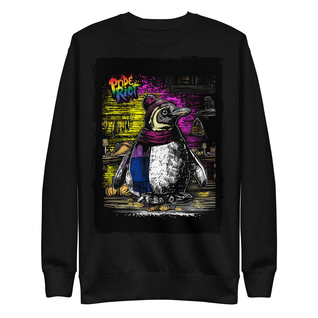 Friendsgiving Penguin sweatshirt — black, front — Pride Riot