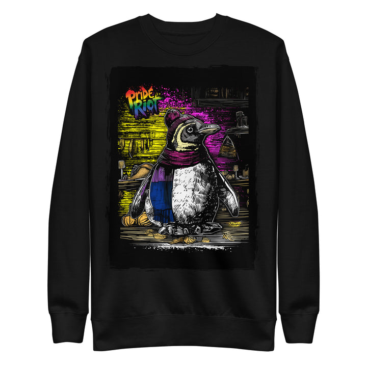 Friendsgiving Penguin sweatshirt — black, front — Pride Riot