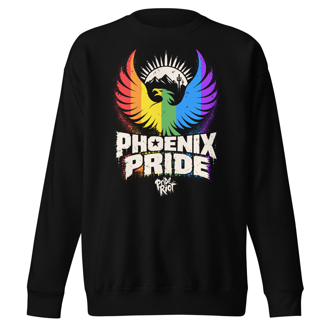 PHX Pride sweatshirt in black, front — rainbow phoenix rising, Pride Riot®