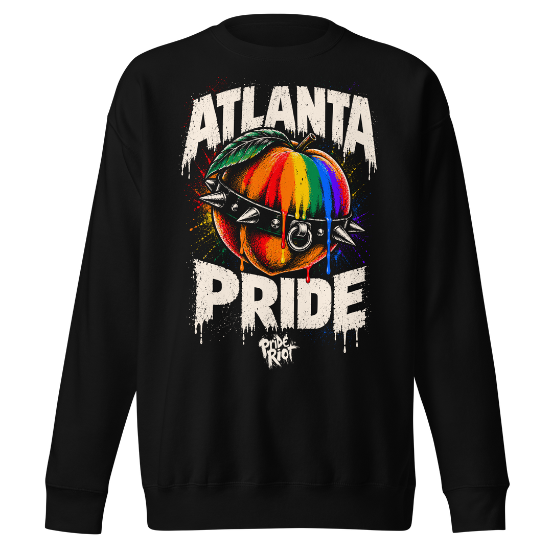 Atlanta Pride sweatshirt in black, front — rainbow peach in a spiked collar, Pride Riot®