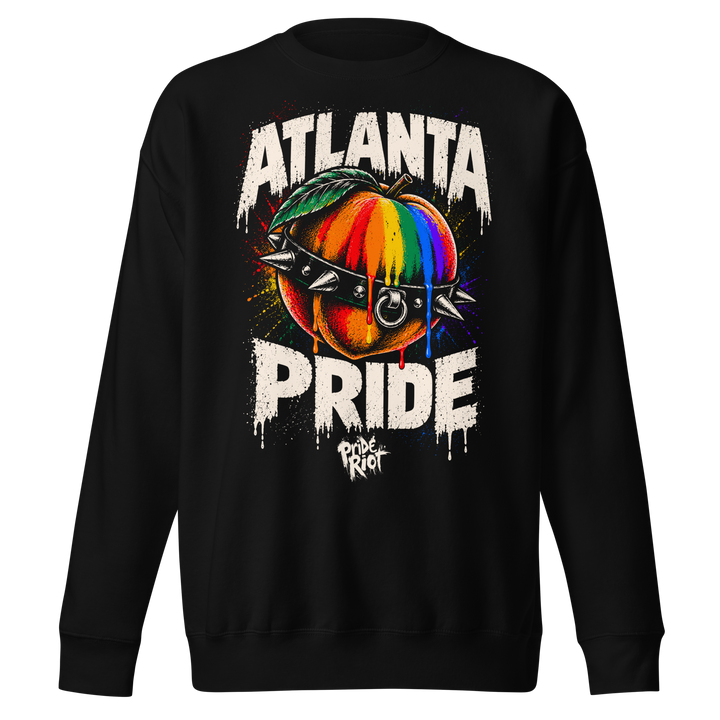 Atlanta Pride sweatshirt in black, front — rainbow peach in a spiked collar, Pride Riot®