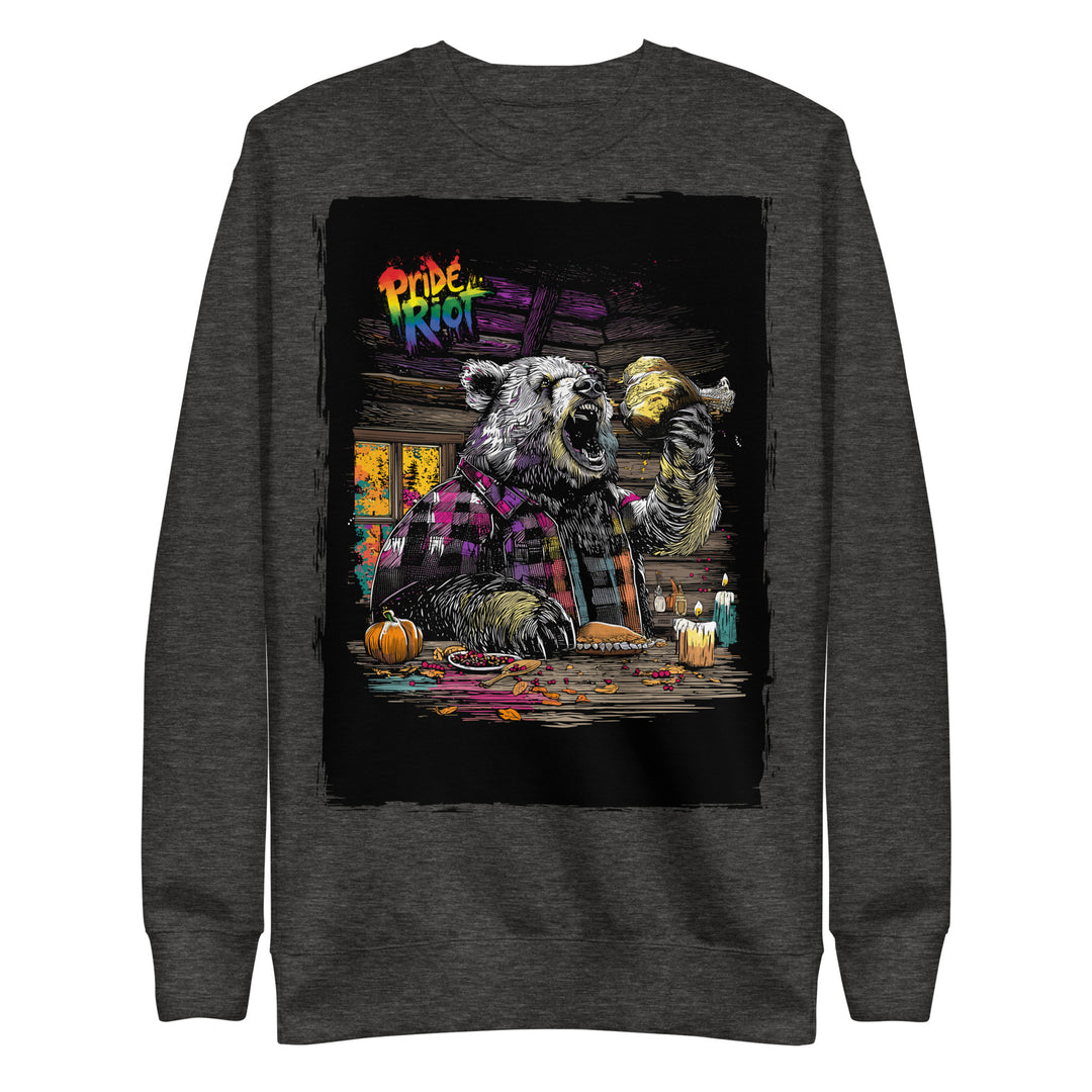 Friendsgiving Bear sweatshirt — charcoal heather, front — Pride Riot