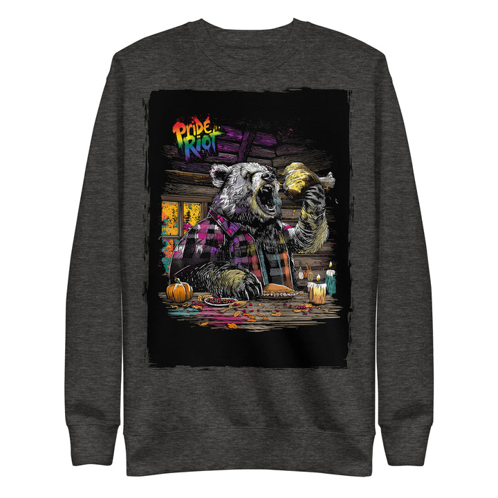 Friendsgiving Bear sweatshirt — charcoal heather, front — Pride Riot
