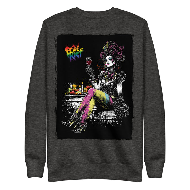 Friendsgiving Queen sweatshirt — charcoal heather, front — Pride Riot
