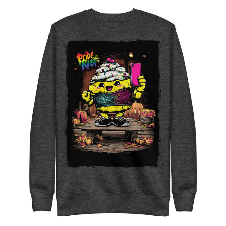 Friendsgiving Tinky Cake sweatshirt — charcoal heather, front — Pride Riot