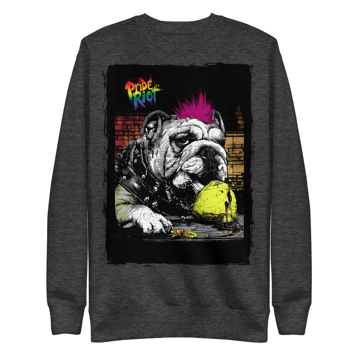 Friendsgiving Bulldog sweatshirt — charcoal heather, front — Pride Riot