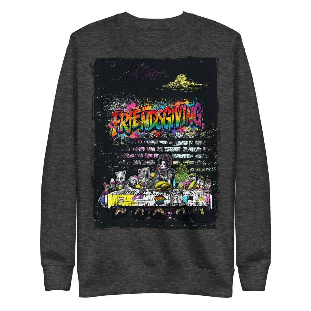 Friendsgiving Wall Feast sweatshirt — charcoal heather, front — Pride Riot