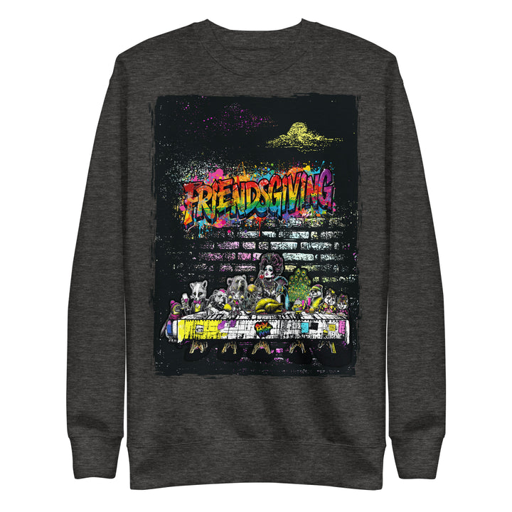 Friendsgiving Wall Feast sweatshirt — charcoal heather, front — Pride Riot