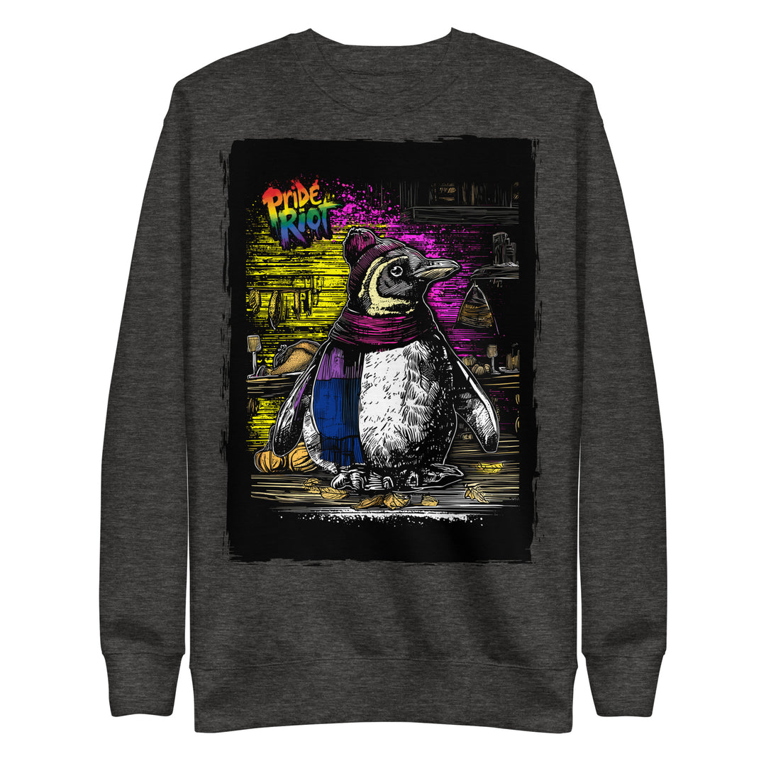 Friendsgiving Penguin sweatshirt — charcoal heather, front — Pride Riot