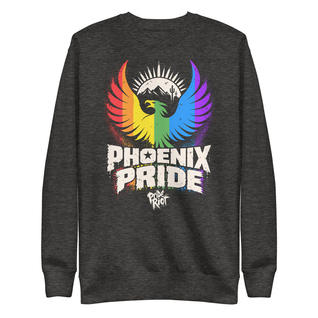 PHX Pride sweatshirt in charcoal heather, front — rainbow phoenix rising, Pride Riot®
