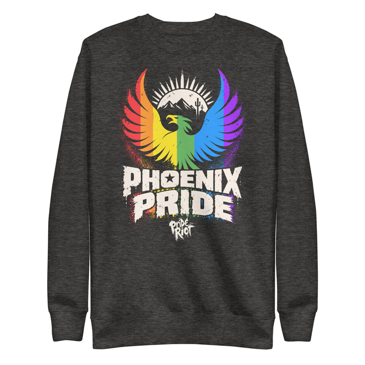 PHX Pride sweatshirt in charcoal heather, front — rainbow phoenix rising, Pride Riot®