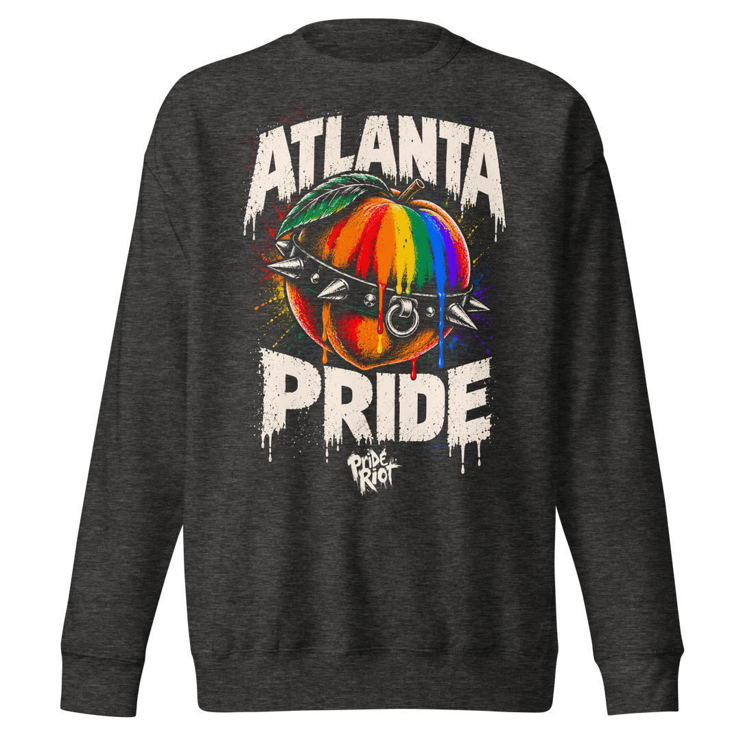 Atlanta Pride sweatshirt in charcoal heather, front — rainbow peach in a spiked collar, Pride Riot®