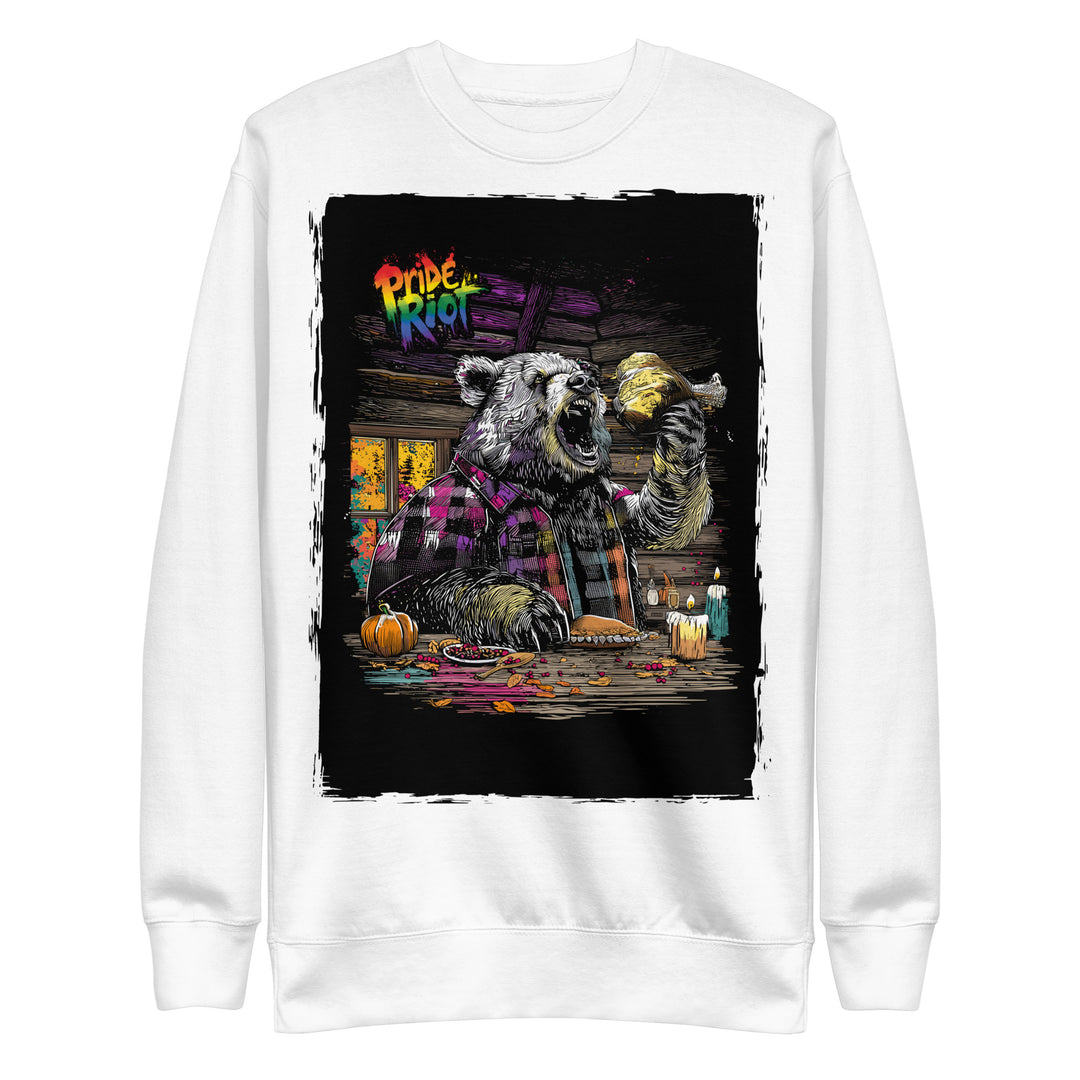 Friendsgiving Bear sweatshirt — white, front — Pride Riot