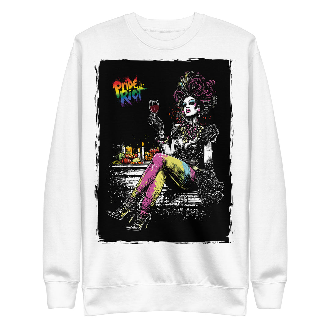Friendsgiving Queen sweatshirt — white, front — Pride Riot